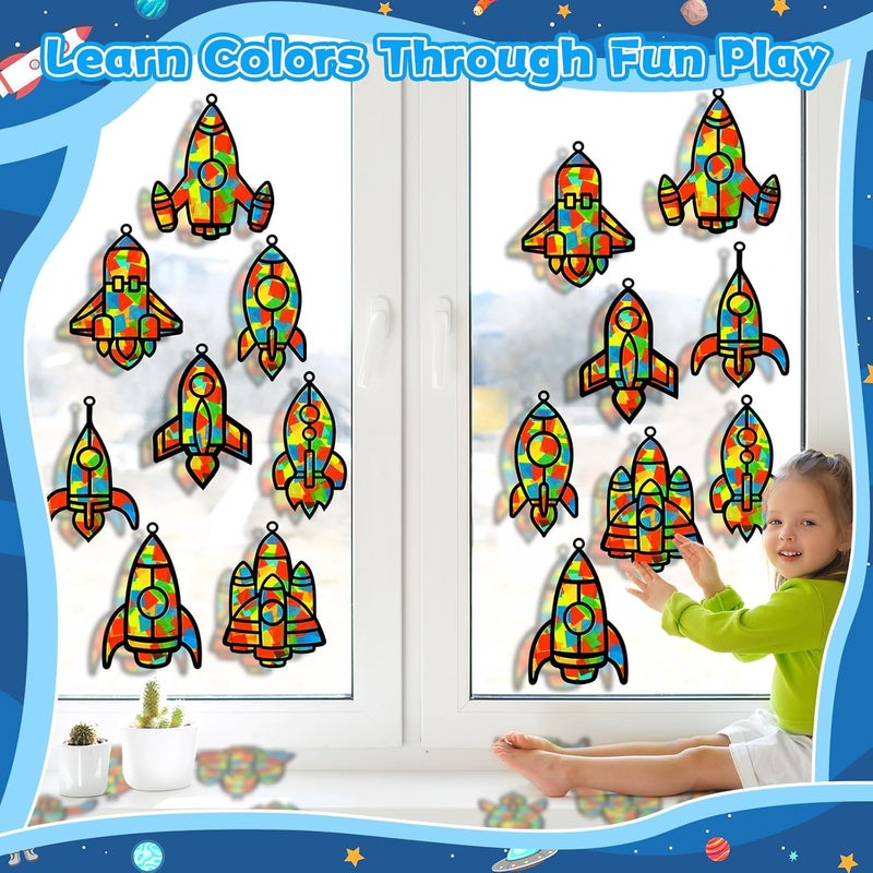 QOUBAI 32 Sets Outer Space Rocket Suncatchers Craft Kit DIY Window Stained Glass Effect Space Theme Paper Crafts for Home School Classroom Decoration Kid Birthday Gifts Creative Art Projects Activity Game - Image 4